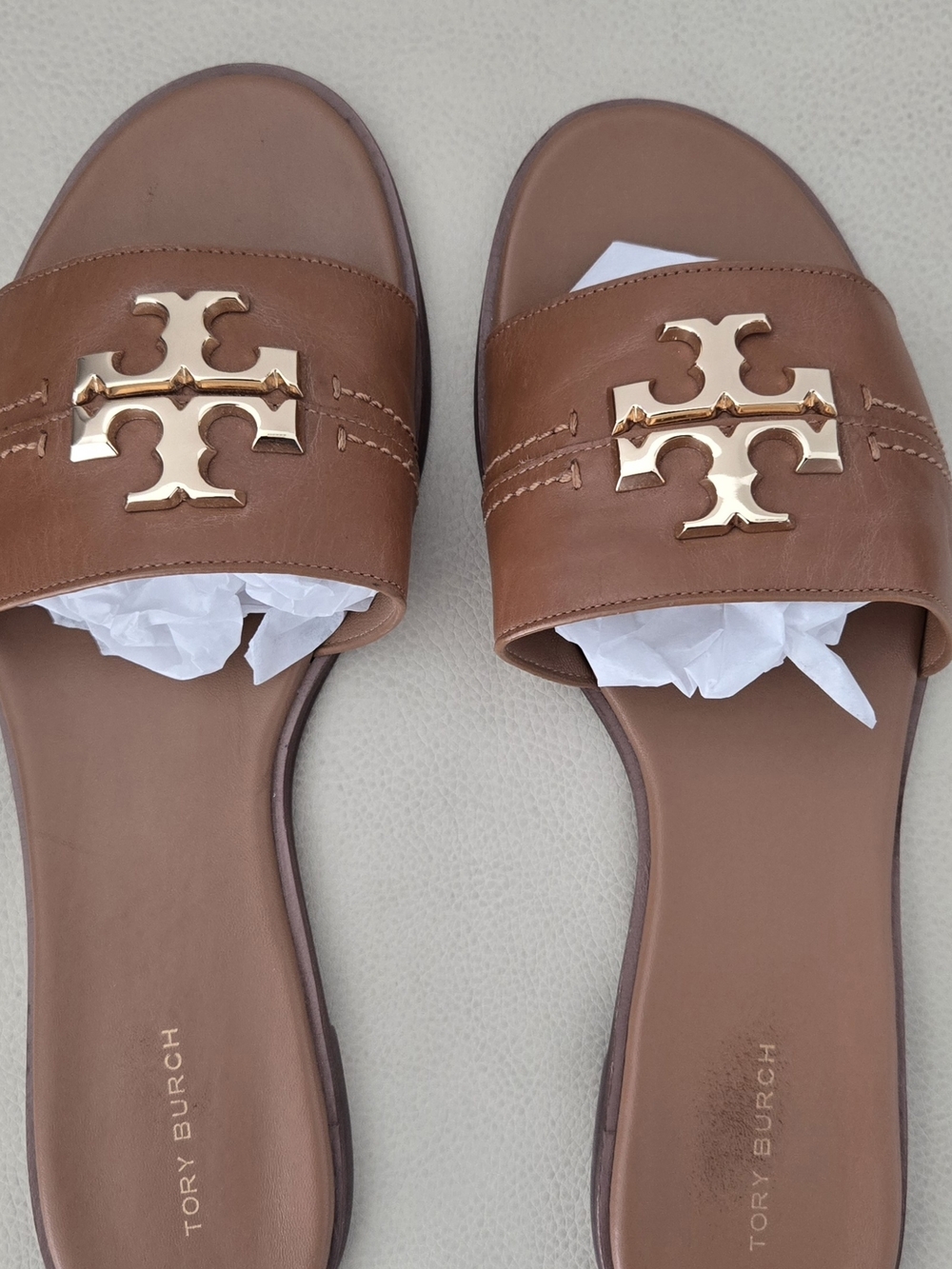 Tory Burch Tan Leather Gold Hardware Slide Sandals - Picture 3 of 5